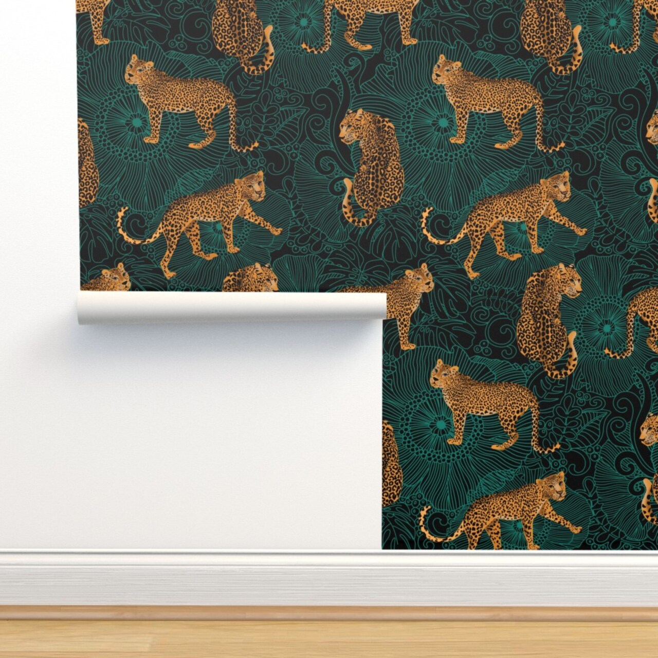 Black Green Animal Africa Leopard Cheetah Tiger Exotic Animals Maximalist Custom Removable Wallpaper by Spoonflower Peel & Stick Wallpaper 2FT Wide